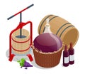 Isometric Wine production, crushing and pressing grapes, aging and bottling concept. Grape harvest Winepress with red