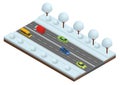 Isometric Winter Driving and road safety. The car rides on a slippery road. Cars on winter busy road vector illustration