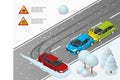 Isometric Winter Driving and road safety. The car rides on a slippery road. Urban transport. Can be used for