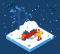 Isometric Winter Man Digs Car Out of Snow Background Flat Design Vector Illustration