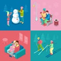 Isometric Winter People. Skiing Couple, Girl and Boy Making Snowman, Walking Outdoor