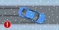 Isometric winter slippery road, car accident. The car rides on a slippery road. Urban transport. Car turning on a