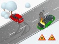 Isometric winter slippery road, car accident. The car rides on a slippery road. The car crashed into a tree, the car