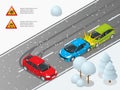 Isometric winter slippery road, car accident. The car rides on a slippery road. Urban transport. Can be used for