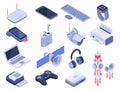 Isometric wireless devices. Computer connect gadgets, wireless connection remote controller and router device 3d vector