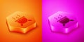 Isometric Witch cauldron icon isolated on orange and pink background. Happy Halloween party. Hexagon button. Vector