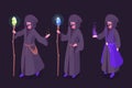 Isometric wizard. Witchcraft magician characters, practitioners of black magic. Wizard with magic staff 3d vector illustration set