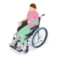 Isometric woman with an arm injury and a leg injury in a cast sits in a wheelchair. Social security and health insurance