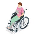 Isometric woman with an arm, neck and leg injury in a cast sits in a wheelchair. Social security and health insurance