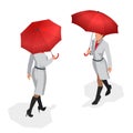 Isometric woman in autumn clothes with a red umbrella. Season autumn. Vector Flat 3d illustration.