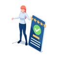 Isometric Woman Customer Writing a Comment and Giving Five Star Feedback