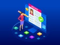 Isometric woman and cv resume documents. Recruiting advertisement, Job opportunity. Searching professional staff, work Royalty Free Stock Photo