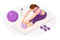 Isometric Woman doing fitness and yoga exercises. Online fitness and training concept.