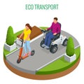 Isometric woman on an electric scooter and man on an electric wheelchair. New large motorized electric wheelchair. Urban Royalty Free Stock Photo