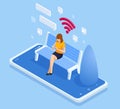 Isometric woman in free internet zone using mobile gadgets, tablet pc and smartphone. WIFI zone. A woman sits on a bench