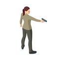 Isometric woman with a gun in his hand iolated on white. Male policeman, spy or criminal holding. Back view