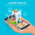 Isometric Woman hand using smartphone booking Online Laundry Service. Book Online Laundry Services at Home concept, App