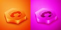 Isometric Woman with a headset icon isolated on orange and pink background. Support operator in touch. Concept for call