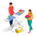 Isometric Woman Ironing Clothes Using Iron On Ironing Board After Laundry At Home and Woman holding washed and dried Royalty Free Stock Photo