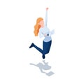 Isometric Woman Jumping Celebration While Holding Laptop