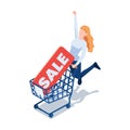 Isometric Woman Jumping Celebration with Sale Price Tag in Shopping Cart