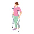 Isometric Woman with a leg injury in a cast on crutches and a neck injury. Social security and health insurance concept