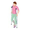 Isometric woman with a leg injury in a cast on crutches. Social security and health insurance concept. Rehabilitation