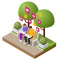 Isometric woman and man typing on laptop. Live Chat. Sms messages and Speech bubbles. Short message service bubbles