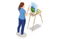 Isometric woman painting mountain landscape using easel. Painting, drawing and artwork concept. Art, creativity, hobby Royalty Free Stock Photo