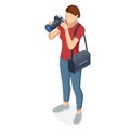 Isometric Woman Photographer with dslr Camera. Digital photo camera. Home hobby, lifestyle, travel, people concept