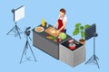 Isometric Woman Recording Video On Camera at Kitchen. Food Blogger or Cooking Video Blog Concept. Online Cooking Chef