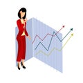Isometric woman standing in red strict suit standing near graphs