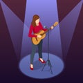 Isometric Woman Stands in Front of a Microphone, Plays the Guitar and Sings a Song. Classical Acoustic Six-String Guitar