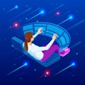 Isometric woman touching virtual interface. Creating innovative technologies. Businessman touching an icon on a touch