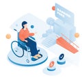 Isometric woman in wheelchair in front of multistorey house building with access ramp. Barrier free environment, vector. Royalty Free Stock Photo