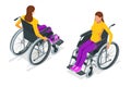 Isometric woman in a wheelchair using a ramp isolated. Chair with wheels, used when walking is difficult or impossible