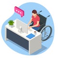 Isometric woman in wheelchair working on laptop computer at home or office. Handicapped businessman character at