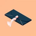 Isometric women black clutch isolated on peach background. Beautiful fashion illustration good for evening clothes boutique,