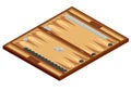 Isometric Wooden Backgammon Board, with playing pieces and dice. Vector illustration Royalty Free Stock Photo