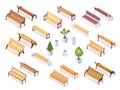 Isometric wooden bench or park chair, garden vase