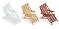 Isometric wooden deck chairs, lounge sun chair isolated on white background. Set of wooden reclining chairs