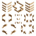 Isometric wooden fences illustration set. Vector.