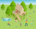 Isometric wooden house in the forest on the background of fir trees. Summer family vacation. Tree house in the evening