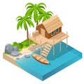 Isometric wooden house by the sea near palm trees. Stilt house. Wooden tropical home on stilts over water