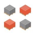 Isometric wooden pallet with cinder blocks and bricks, vector illustration.