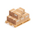 Isometric wooden pallet with stack of boxes