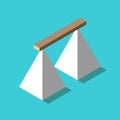 Isometric wooden plank bridge connecting two white pyramids on turquoise blue. Risk, connection, challenge and courage concept. Royalty Free Stock Photo