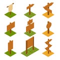 Isometric wooden pointers on grass.