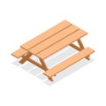 Isometric wooden table with benches. 3d vector outdoor furniture icon