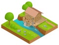 Isometric wooden water mill. Working watermill wheel with falling water. Royalty Free Stock Photo